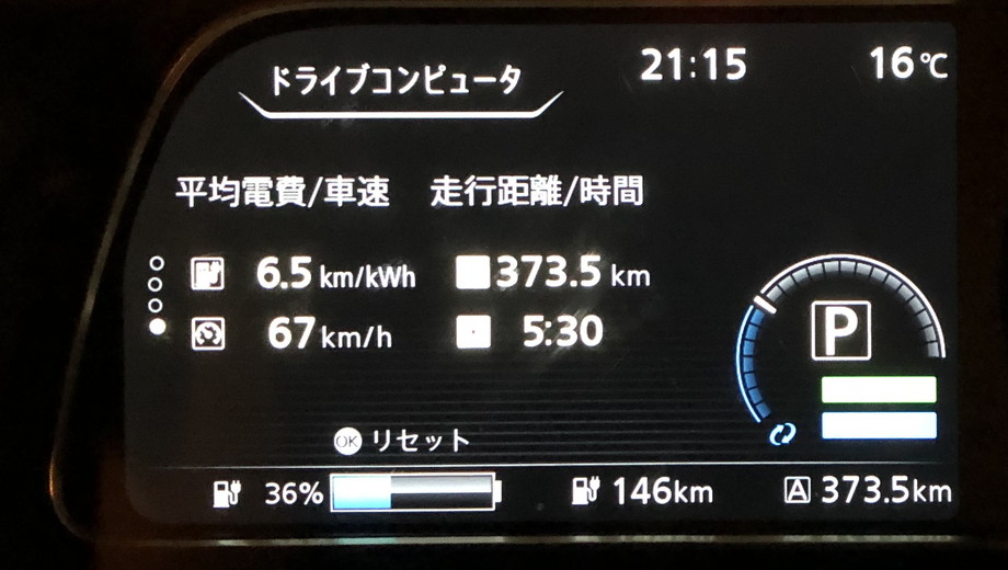 仙台市到着時　日産リーフ e+（62kWh）メーター　エアコンON